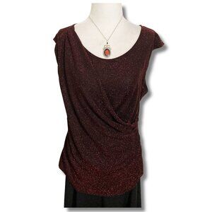 JESSICA Sparkly metallic dark red black short-sleeve draped top ~ LARGE XL shirt